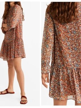 Mango Rust Floral Ruffle Hem Dress Sz M